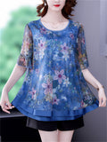 Elegant Round Neck Floral Print Smooth Chiffon Shirt for Lady