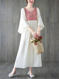 Ethnic Style V Neck Embroidery Ruffle Dress for Women