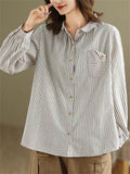 Female Popular Cotton Linen Button Up Pocket Striped Shirts