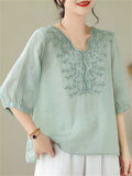 Leaf Flower Embroidered Women's Half Sleeve V-Neck Shirt