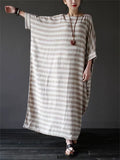 Relaxed Stripe Round Neck Cotton Linen Long Dress for Lady