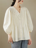 Female Popular V-Neck Lace Splicing Lantern Sleeve Shirt