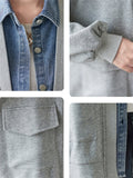 Women's Fake Two Pieces Denim Splicing Lapel Button Baseball Jacket