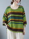 Contrast Color Striped Cotton Linen Scoop Neck T-shirt for Women