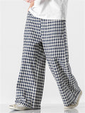 Asian High Street Style Plaid Cotton Linen Wide Leg Pants for Men