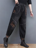 Orange Mini Floral Print Elastic Waist Black Jeans for Women