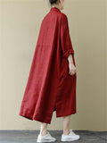 Women's Vintage Red Lapel Button Up Mid-Length Shirt Dress