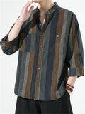 Men's Leisure Stripe Contrast Color Stand Collar Half Sleeve Shirt