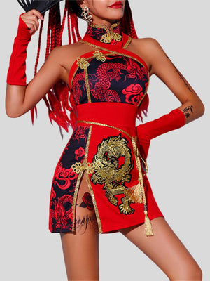 Hip Hop Ethnic Jazz Dance Dragon Print Dress for Women