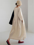 Oversized Round Neck Cotton Linen Pleated Dress for Lady