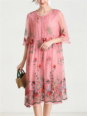 Ladies Floral Embroidered Comfortable Mid-Length Dress