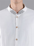 Men's Casual Embroidery Stand Collar Linen Long Sleeve Shirt