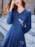 Women's Flying Bird Embroidery V-Neck Blue Denim Dress