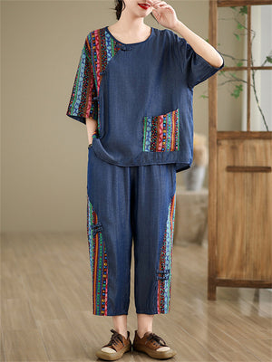 Ethnic Style Summer Denim Two Piece Suit for Ladies