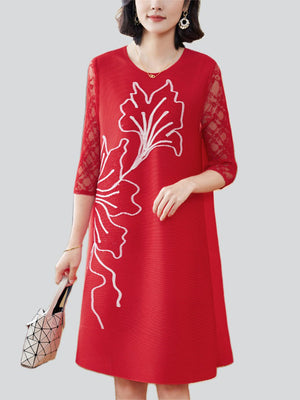 Elegant Round Neck Floral Print A-Line Dress for Women