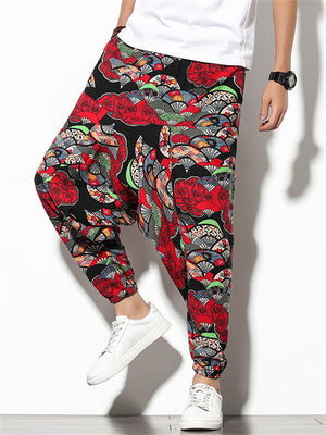 Chinese Style Fan & Dragon Print Harem Pants