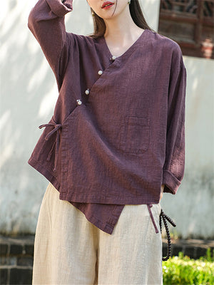 Spring V Neck Long Sleeve Soft Linen Shirt for Women