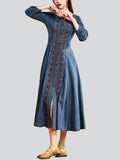 Women's Retro Hand-Embroidered Blue Denim A-Line Dress