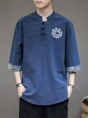 Retro Totem Embroidery Half Sleeve Linen Shirt for Men