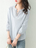 Ethnic V Neck Embroidery 3/4 Sleeve Stripe Shirt for Women