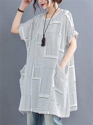 Women's Scoop Neck Short Sleeve Korean Oversized Stripe Shirt