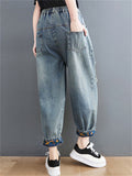 Women's Flower Embroidered Elastic Waist Frayed Jeans