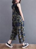 Yellow Flower Print Adjustable Strap Women's Denim Overalls