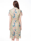 Female Spring Summer Elegant Contrast Color Flower Embroidery Qipao