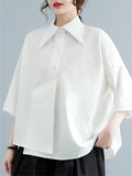 Black & White Simple Lapel Button Up 3/4 Sleeve Shirt for Women