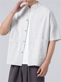 Men's Retro Tang Suit Stripe Stand Collar Summer Linen Shirt