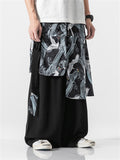 Men's Zen Ocean Wave Flying Crane Print Loose Hakama Pants