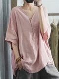 Loose V Neck Half Sleeve Breathable Simple Linen Shirt for Women