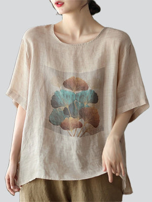 Women's Ginkgo Leaf Printed Round Collar Short Sleeve Shirt