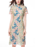 Female Spring Summer Elegant Contrast Color Flower Embroidery Qipao