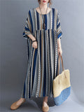 Vintage Stripe Crew Neck Beach Maxi Dresses for Women