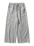 Asian High Street Style Plaid Cotton Linen Wide Leg Pants for Men