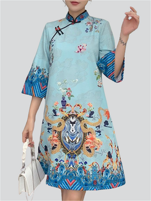 Loong Print Qipao Midi Dress for Ladies