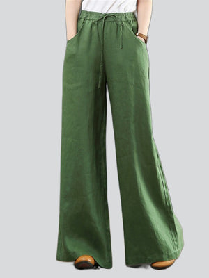 Women's Simple Linen High Waist Drawstring Wide Leg Pants