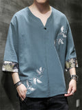 Men's Retro White Crane Embroidery V Neck 3/4 Sleeve Shirt