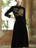 Women's Elegant Velvet Stand Collar Midi Embroidery Qipao