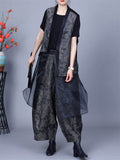 Women's Mesh Patchwork Sleeveless Top Elastic Waist Pants Set