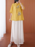 Chinese Style Peach Blossom Fan Embroidery Female Half Sleeve Shirt