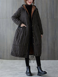 Women's Mid-length Black White Stripe Fleece-lined Coats