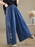 Women's Plants Flower Print Patchwork Wide Leg Jeans