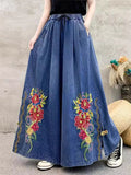 Female Ethnic Style Peony Embroidered Denim Wide Leg Pants