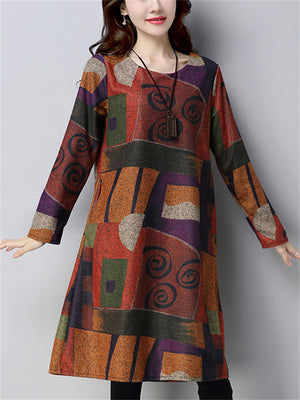 Winter Print Long-Sleeved Knee Length Woolen Dress for Lady