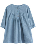 Summer Cotton Linen Half Sleeve Pleated Shirt for Women