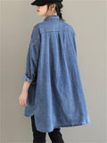 Women's Blue Single-Breasted Lapel Oversized Stylish Denim Shirt