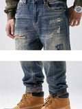 Stylish Patchwork Design High-Rise Ripped Blue Jeans for Men