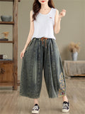 Casual Drawstring Patch Embroidered Cropped Jeans for Women